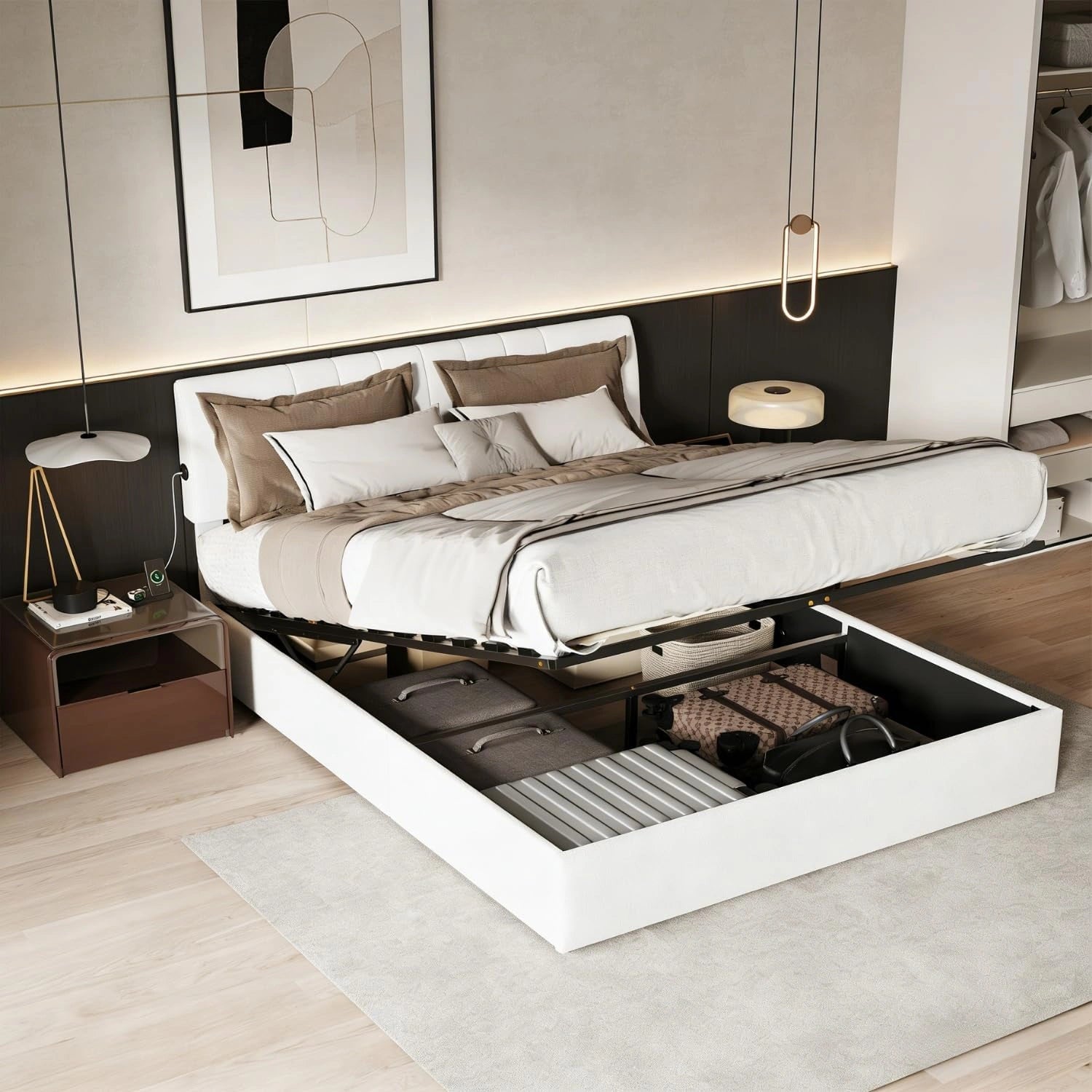 Lit Double 140x190 cm avec Rangement et Port USB, Tête Réglable en Velours Blanc