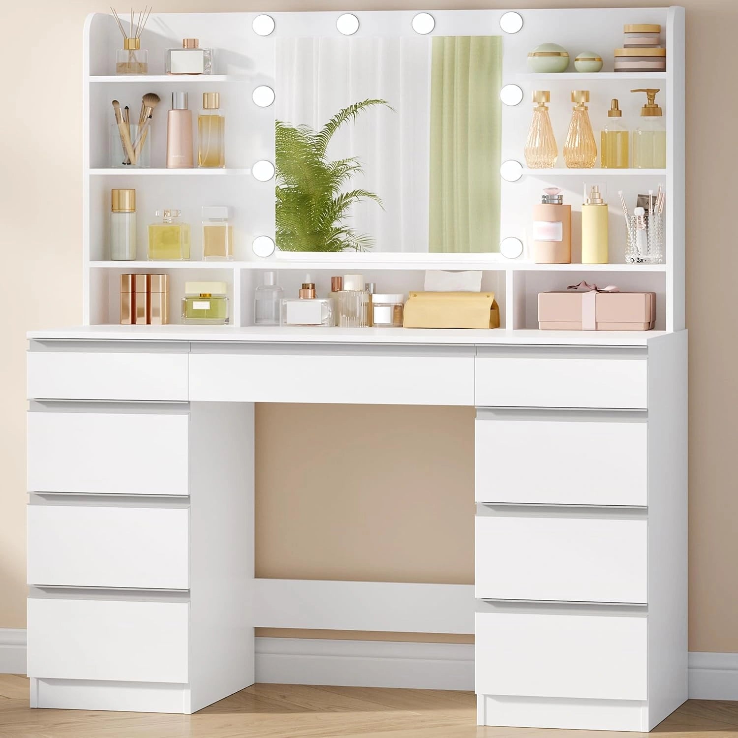 Grande Coiffeuse Hzuaneri avec Miroir LED, 10 Lumières, Réglage Luminosité, 3 Teintes, 9 Tiroirs, Étagères Ouvertes, Blanc-Argent