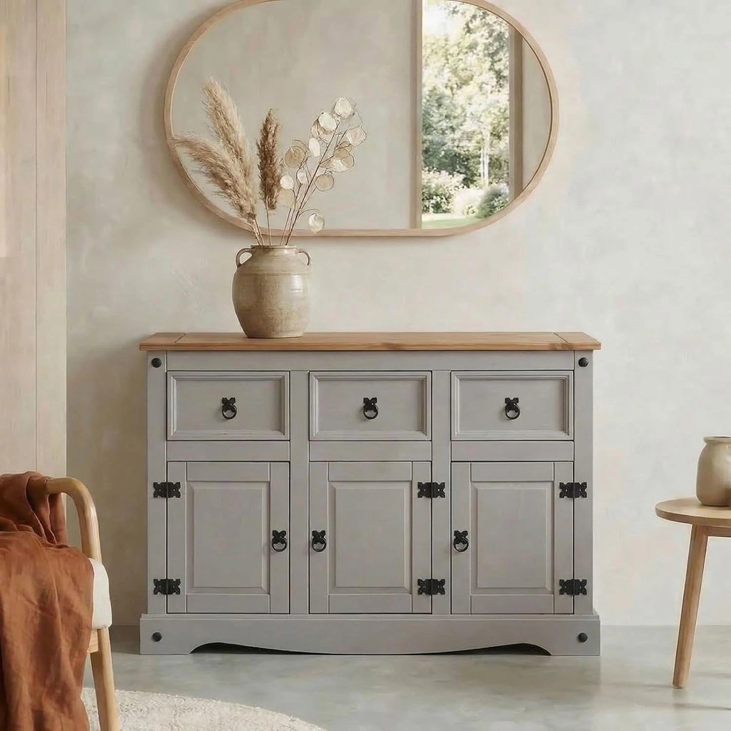 Buffet en Bois Massif Gris et Brun, 3 Tiroirs et 3 Portes, Style Campagne Mexicaine