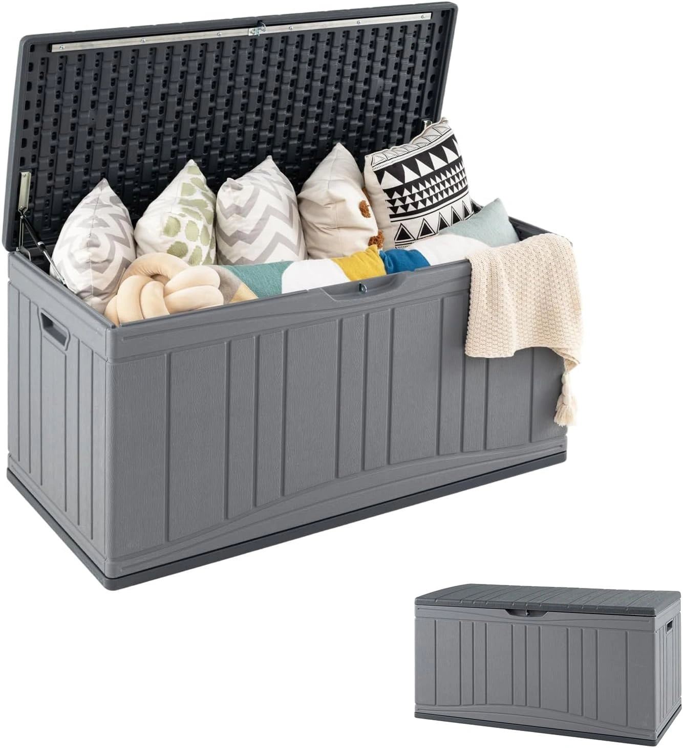 Coffre de Rangement Extérieur 300L Étanche avec Couvercle Verrouillable, Double Levier pour Outils et Coussins, Charge 150 kg, 114x55x60,5 cm (Gris)