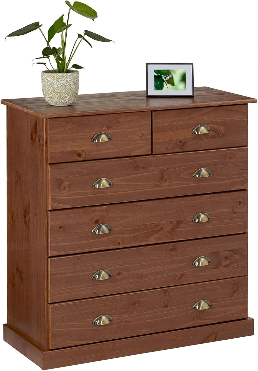 Commode Rangement Paris 91 cm, Bois Massif Brun Foncé, 6 Tiroirs, Style Campagne