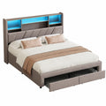 Lit double avec LED et tiroirs en lin gris