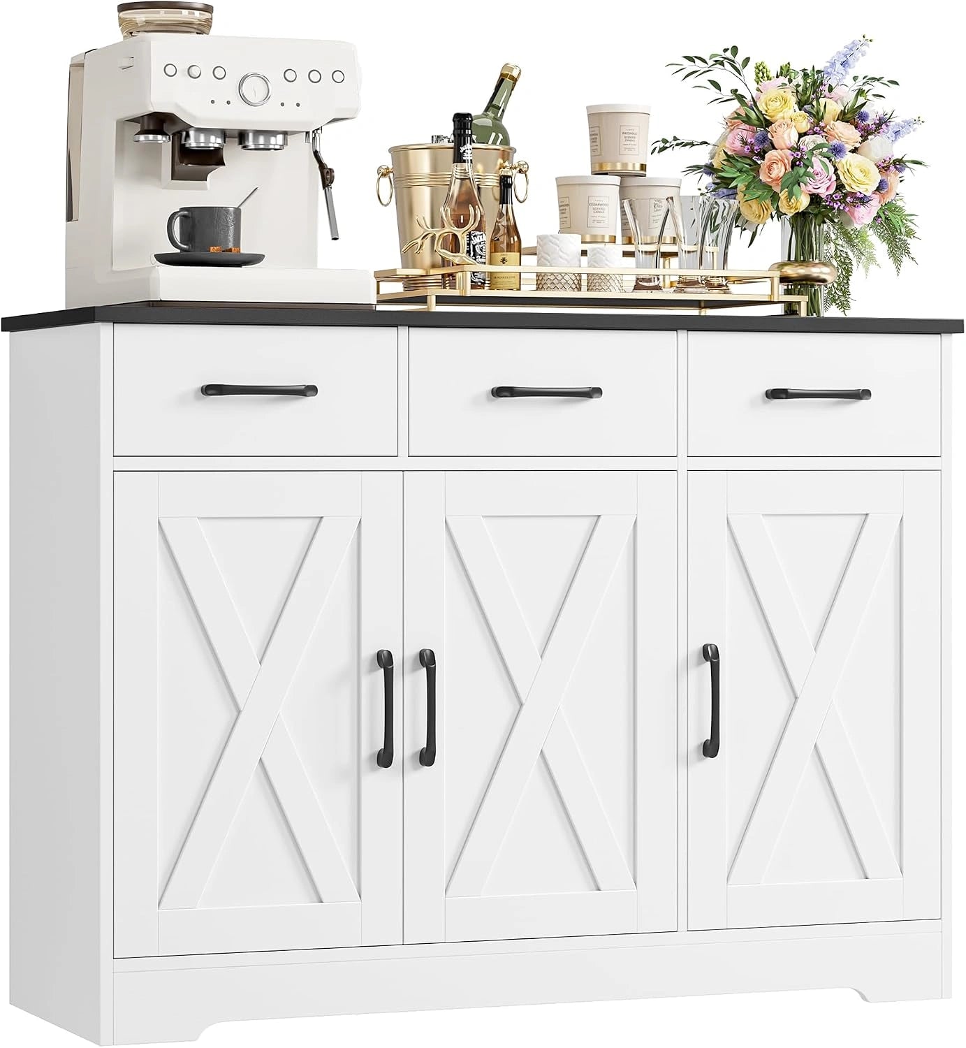 Buffet de Cuisine en Bois avec Tiroirs et Portes, Blanc et Noir, pour Salle à Manger et Salon