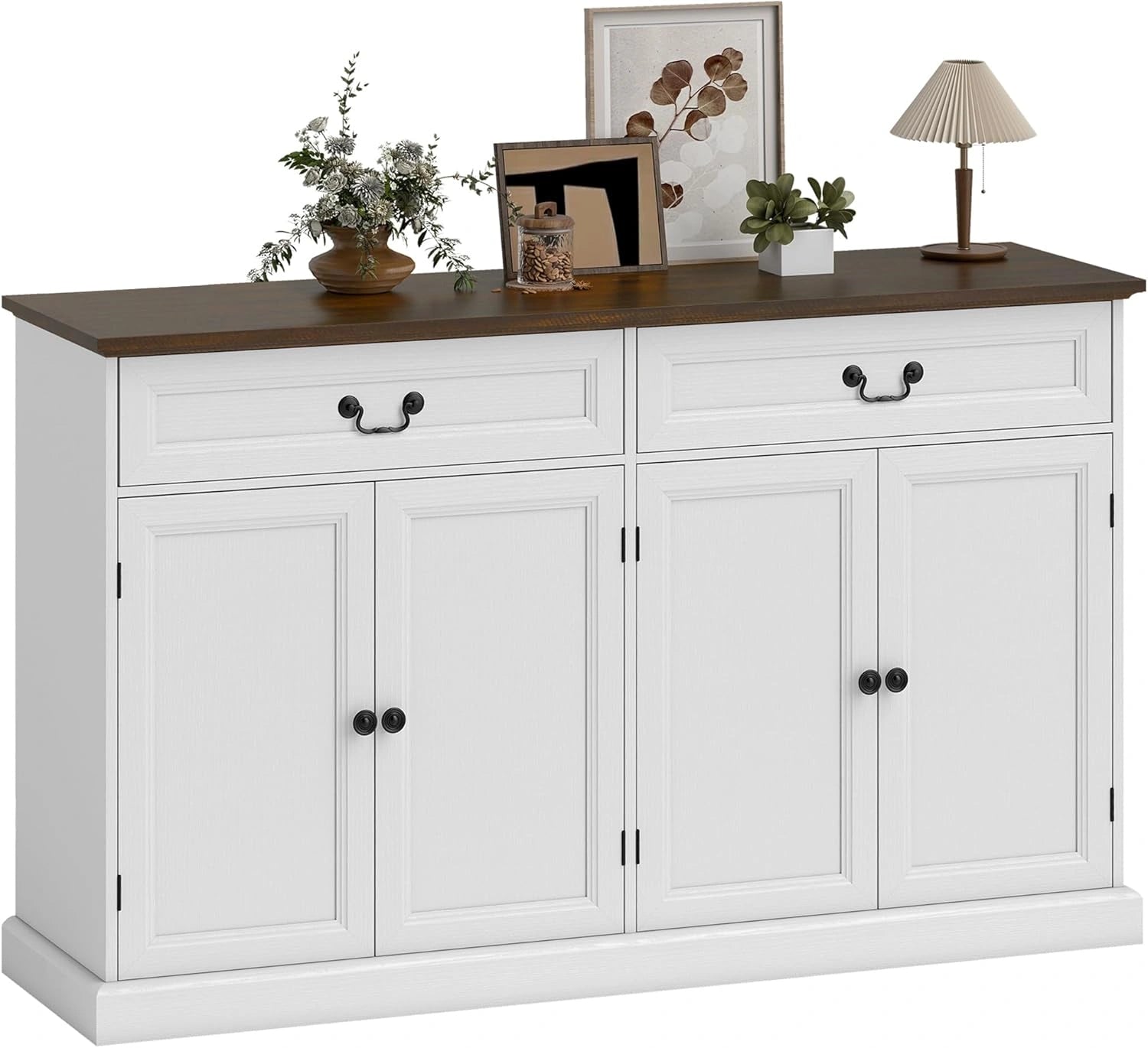 Buffet Rustique HOMCOM à 4 Portes et 2 Tiroirs Silencieux avec Étagères Réglables, 140x40x85 cm, Blanc et Marron