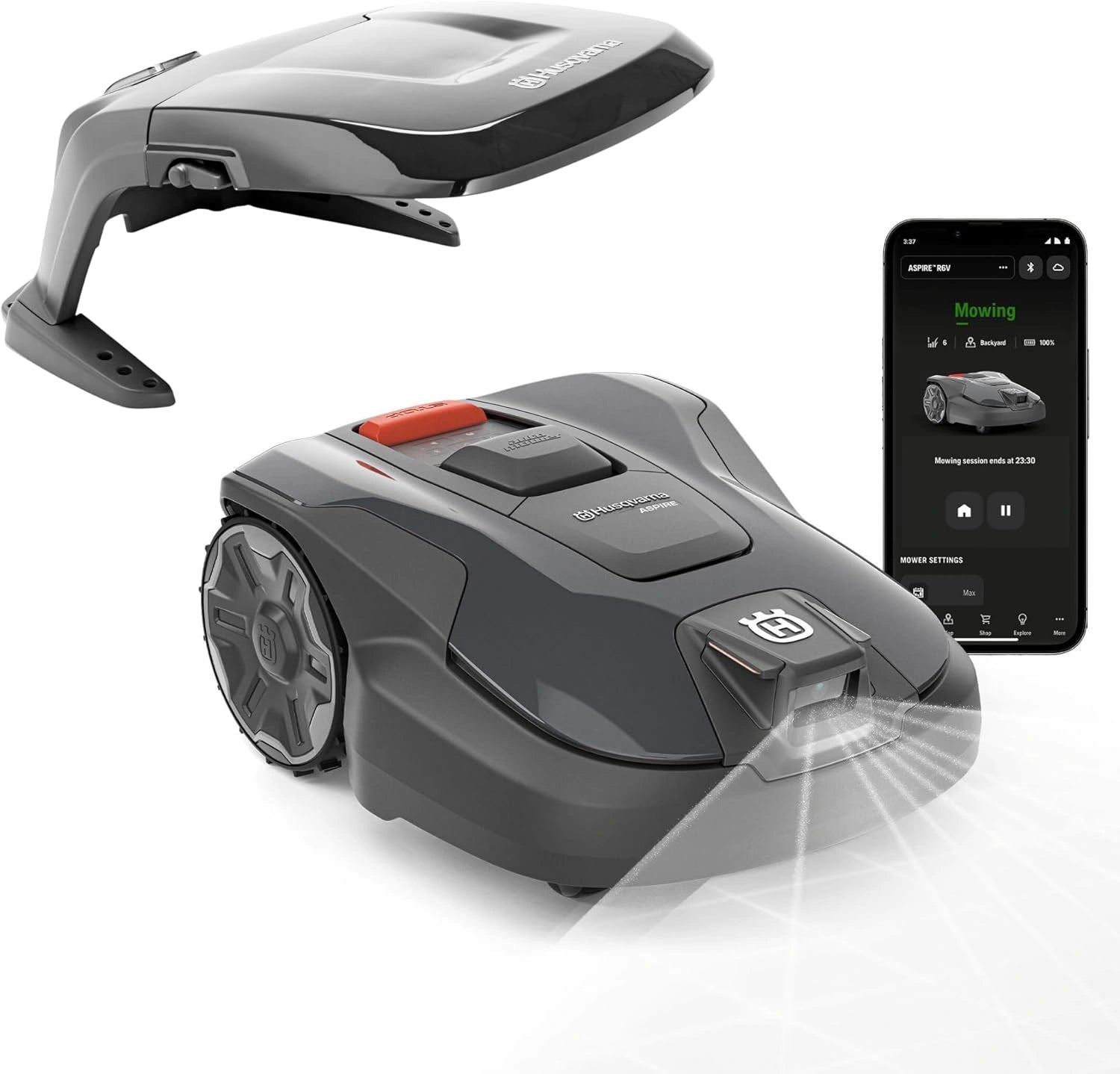 Robot Tondeuse HUSQVARNA Automower Aspire R6V - Navigation GPS, Vision AI, Contrôle App, Sans Câble, Zones Virtuelles, jusqu'à 600 m², Garage Inclus