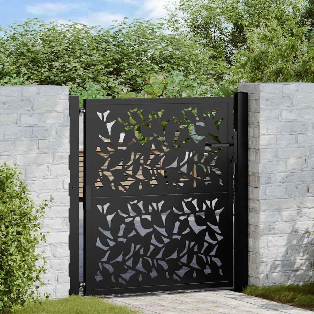 Portail de Jardin Noir en Acier avec Motif de Feuilles 105x106 cm
