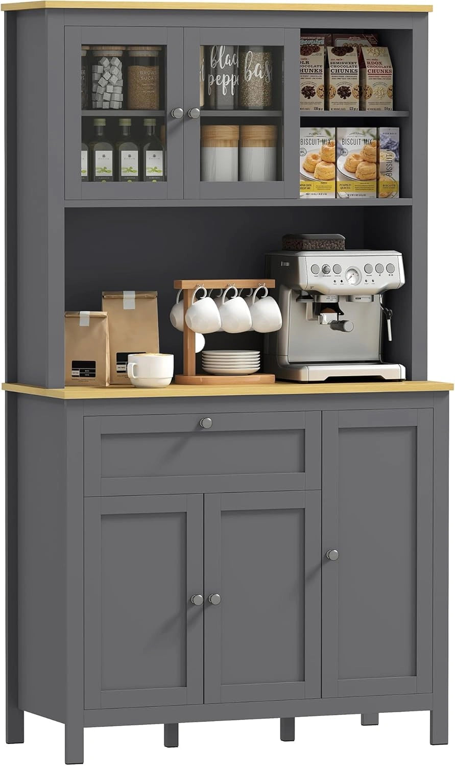Buffet de Cuisine Moderne avec Rangements et Portes Vitrées, 100x40x180 cm, Gris