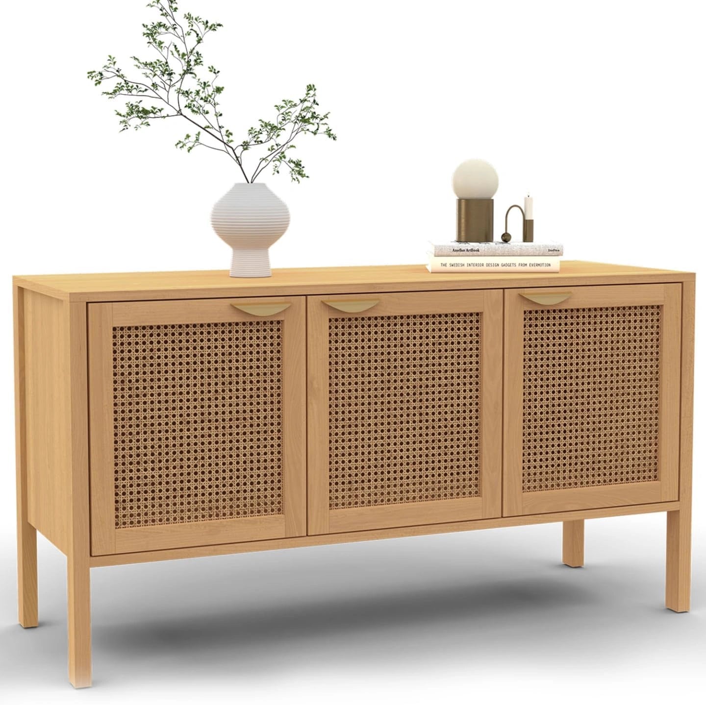 Meuble Bas EDHEN 110 cm avec 3 Portes en Bois et Cannage