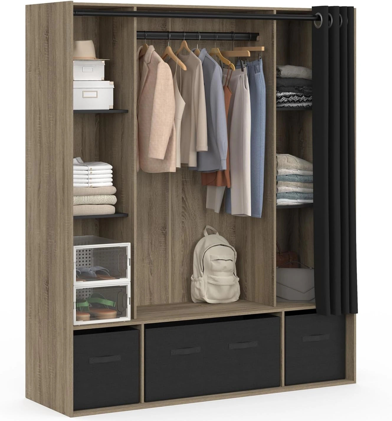 Armoire Penderie DIANE avec Étagères, Boîtes de Rangement et Rideau Noir - 140 x 45 x 167 cm