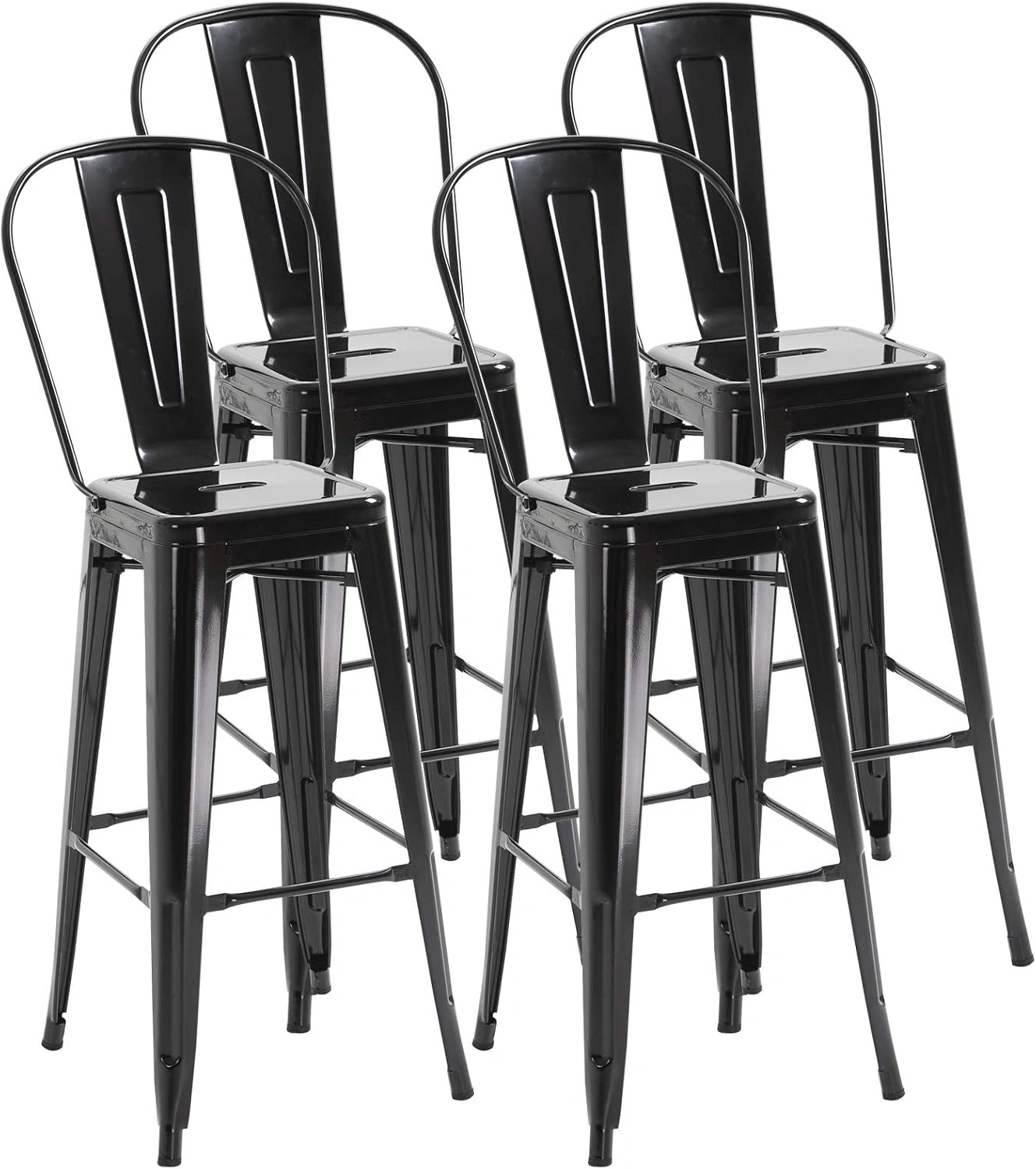 Lot de 4 Tabourets de Bar Industriels avec Dossier et Repose-Pieds, 76 cm, Métal Noir - HOMCOM