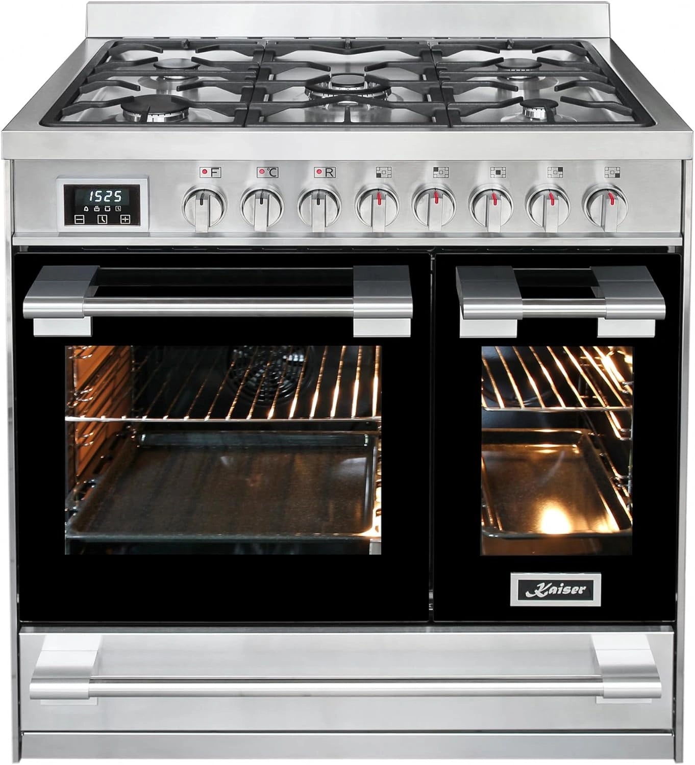 Kaiser HGE 93201 R Cuisinière Inox Haute Qualité avec Double Four Électrique, 115 L, 90 cm, 8 Programmes, 5 Brûleurs Gaz pour WOK