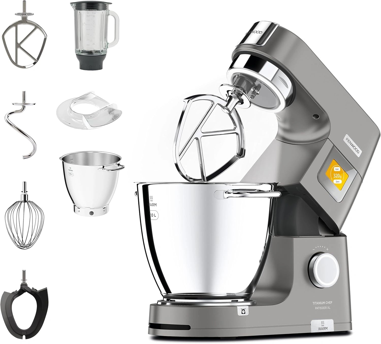 Robot de Cuisine Kenwood Chef Patissier XL 1400W, Équilibre Intégré, Bol Double, Accessoires Inclus, Couleur Argent