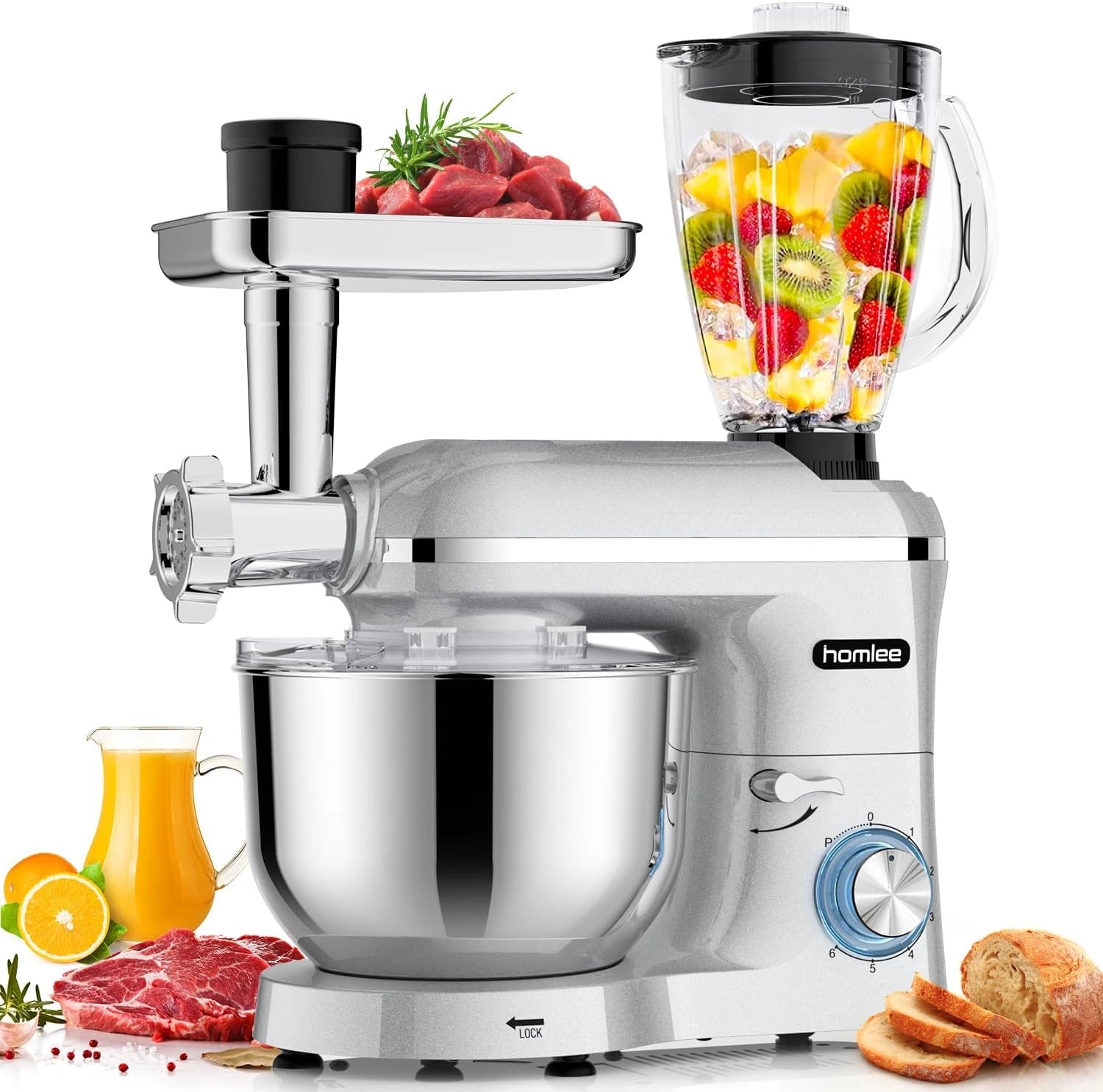 Robot de Cuisine Multifonction 3 en 1 - 2000W, Mixeur 1,5L, Hachoir à Viande, Bol 5,5L