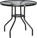 Table de Jardin Ronde Outsunny avec Plateau en Verre Trempé et Trou de Parasol, Ø 80 x 72 cm, Noir