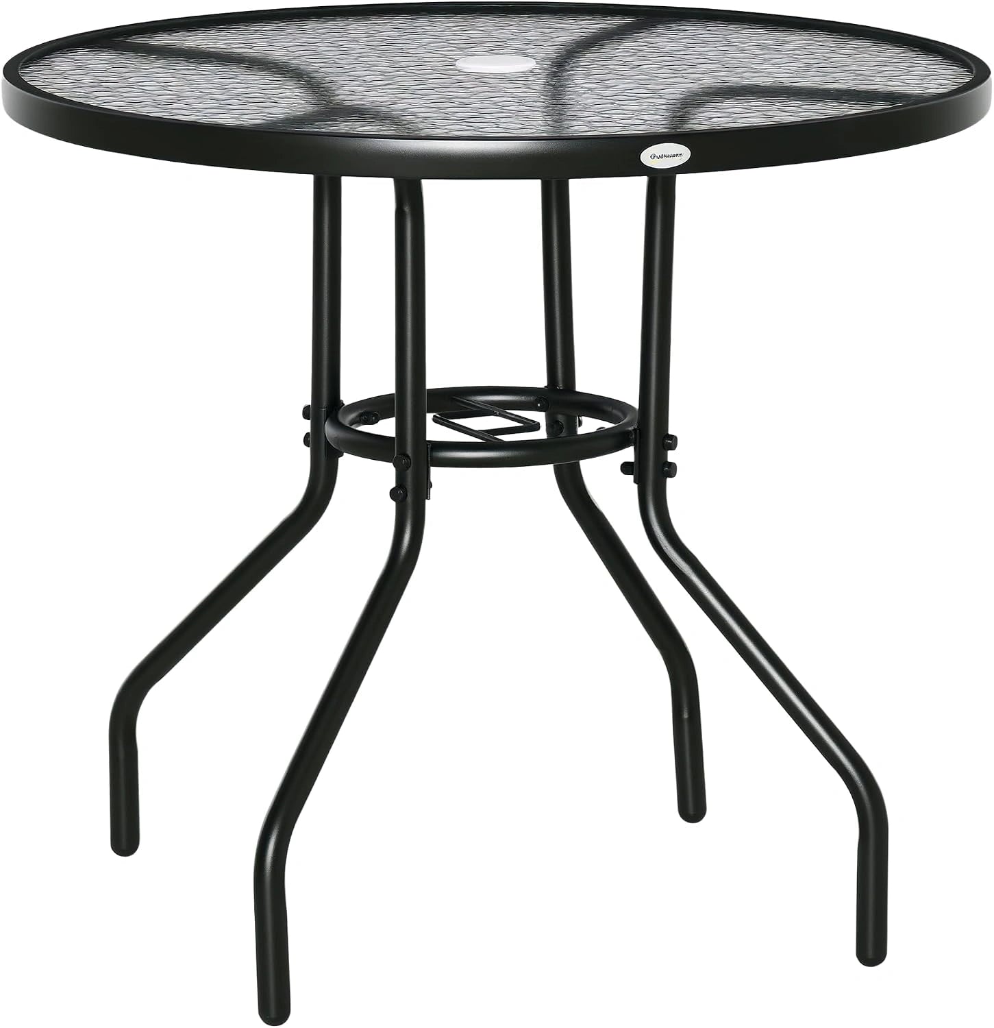 Table de Jardin Ronde Outsunny avec Plateau en Verre Trempé et Trou de Parasol, Ø 80 x 72 cm, Noir