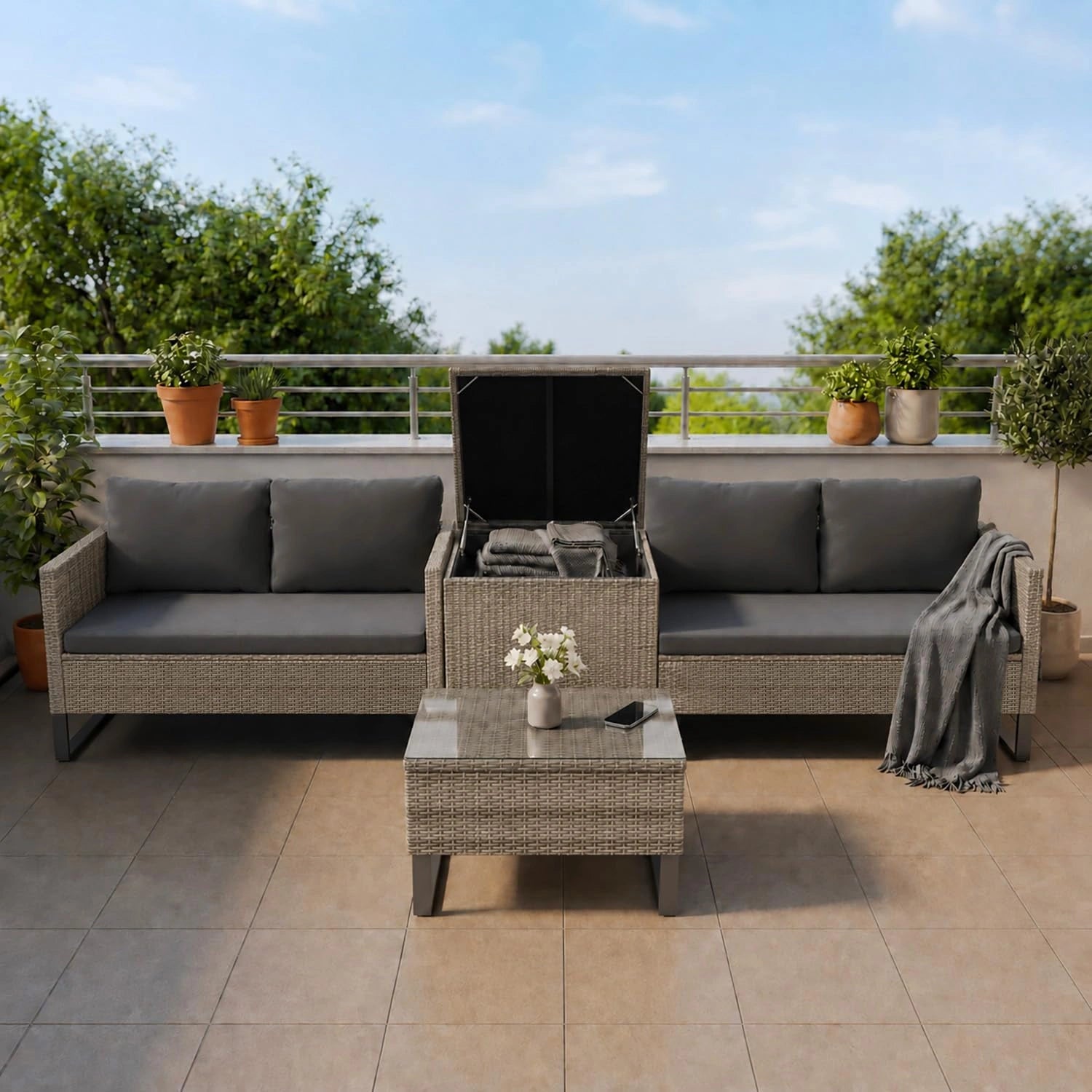 Ensemble de Salon de Jardin Santorini en Polyrotin Résistant aux Intempéries - Comprenant Table Basse et Coffre de Rangement - Couleur Gris Chinée