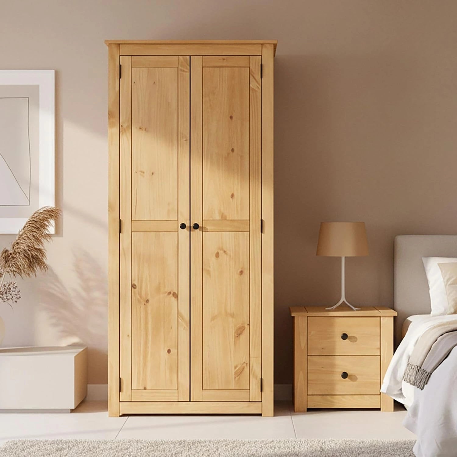 Armoire Cancun en Pin Massif avec Étagère et Portes Battantes