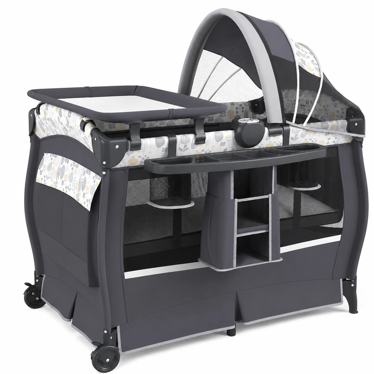 Lit parapluie bébé avec matelas et table à langer intégrée, lit de voyage évolutif avec musique et jouets, auvent ajustable pour 0-36 mois