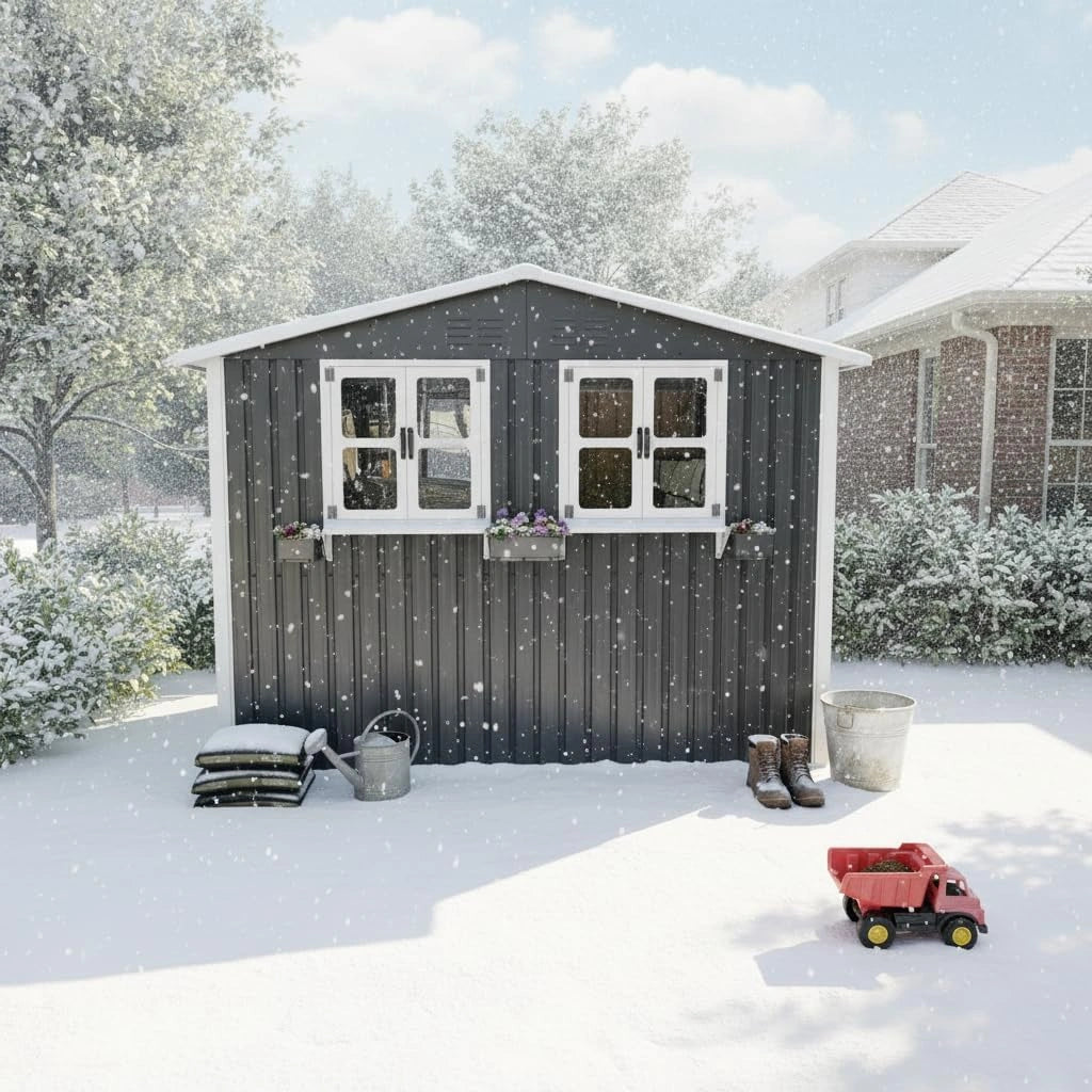 Abri de Jardin en Acier Galvanisé 4,33 m² avec Porte Double, Fenêtres Ouvrantes et Étagère Décorative