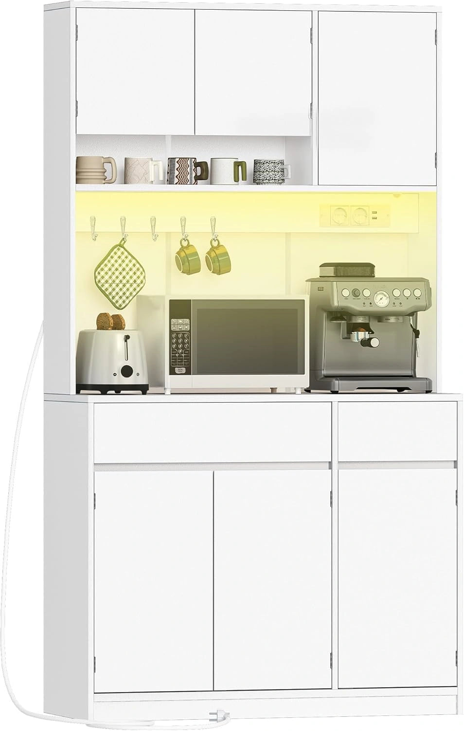 Buffet de Cuisine Blanc avec Prises, Étagères Ajustables et Tiroirs - 100x40x180cm