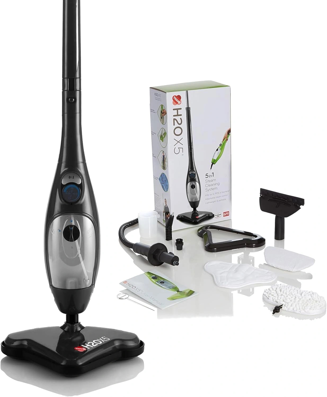 Balai Vapeur 5 en 1 H2O X5+ avec Nettoyeur à Main – Pour Sols, Tapis, Vitres et Textiles – 1500W, Chauffage Rapide en 15 Sec (Noir)
