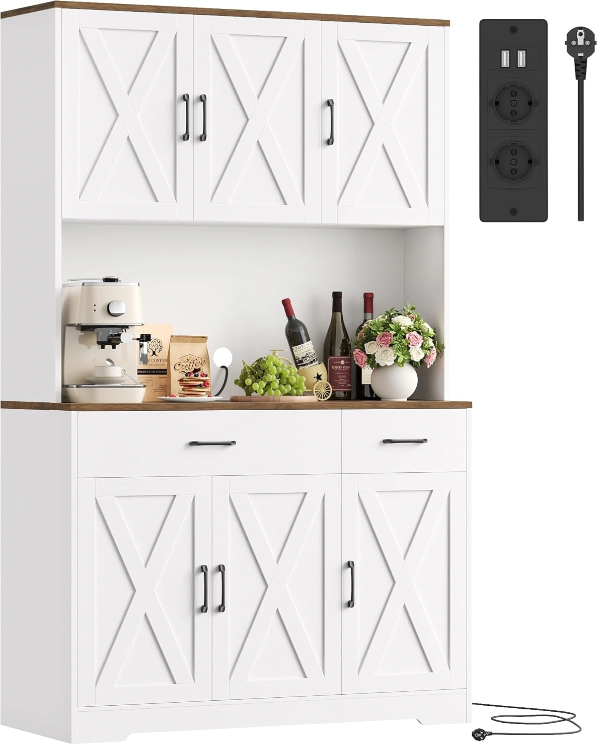 Buffet de Cuisine HOCSOK 105x180 cm, Armoire avec Étagères Réglables et Tiroirs, Vaisselier avec Prises Intégrées pour Salle à Manger