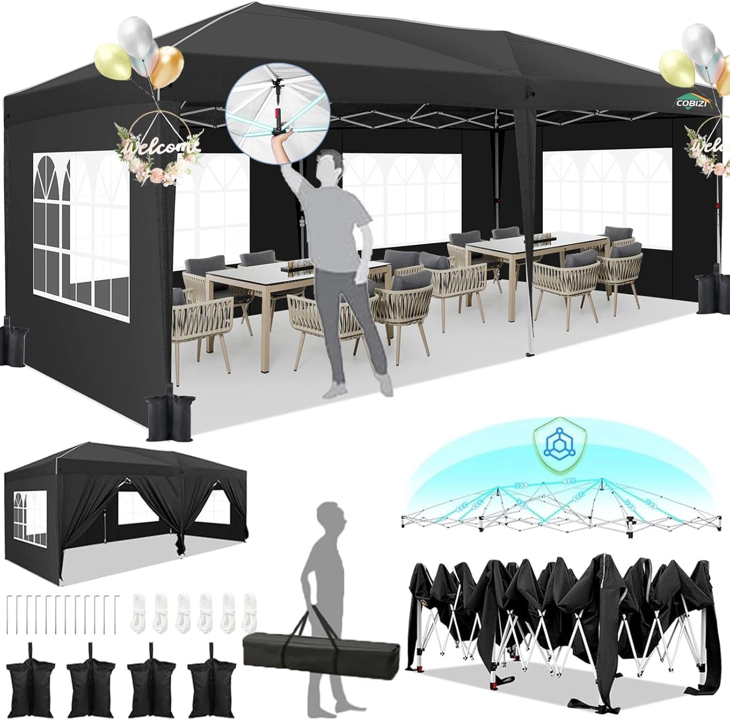 Pavillon pliable 3x6m, imperméable et stable, avec parois latérales et barres coupe-vent pour événements