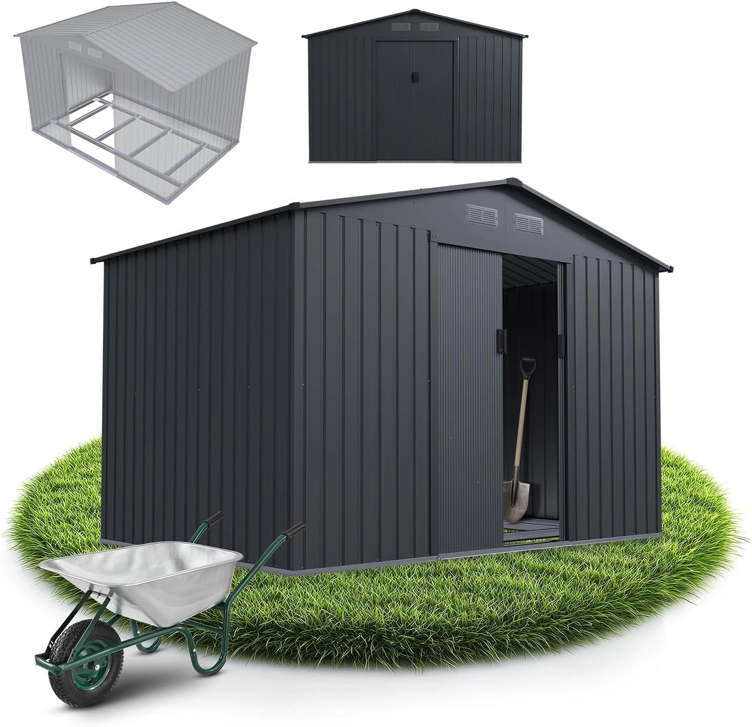 Abri de Jardin Métallique XL, Résistant aux Intempéries, Gris Foncé, avec Cadre, Porte Coulissante Verrouillable