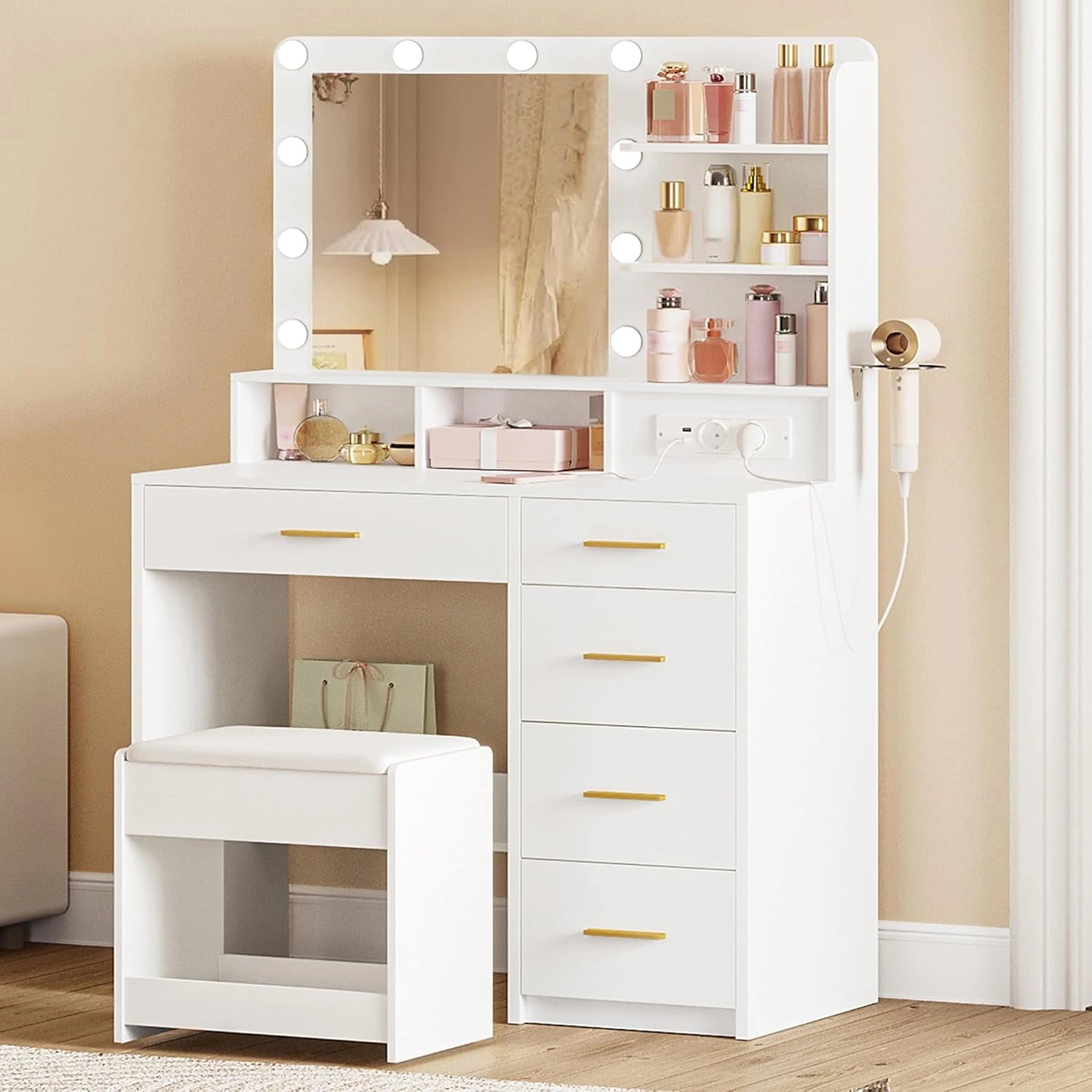 Coiffeuse Blanche avec Miroir Éclairé LED, 3 Modes de Lumière, Tabouret et Support Sèche-Cheveux Intégrés, Plusieurs Tiroirs