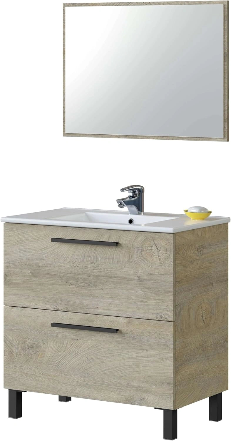 Ensemble de Meuble de Salle de Bain Athena avec Miroir et 2 Tiroirs en Chêne Alaska 80x80x45 cm