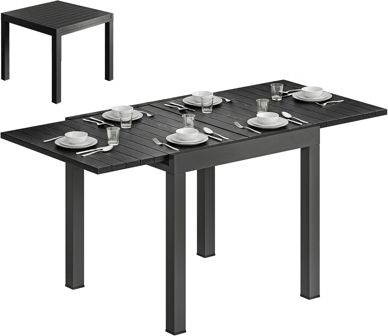 Table de Jardin Extensible en Aluminium Effet Bois avec Rallonge Auto-Rétractable, Noir - Pour 4 à 6 Personnes
