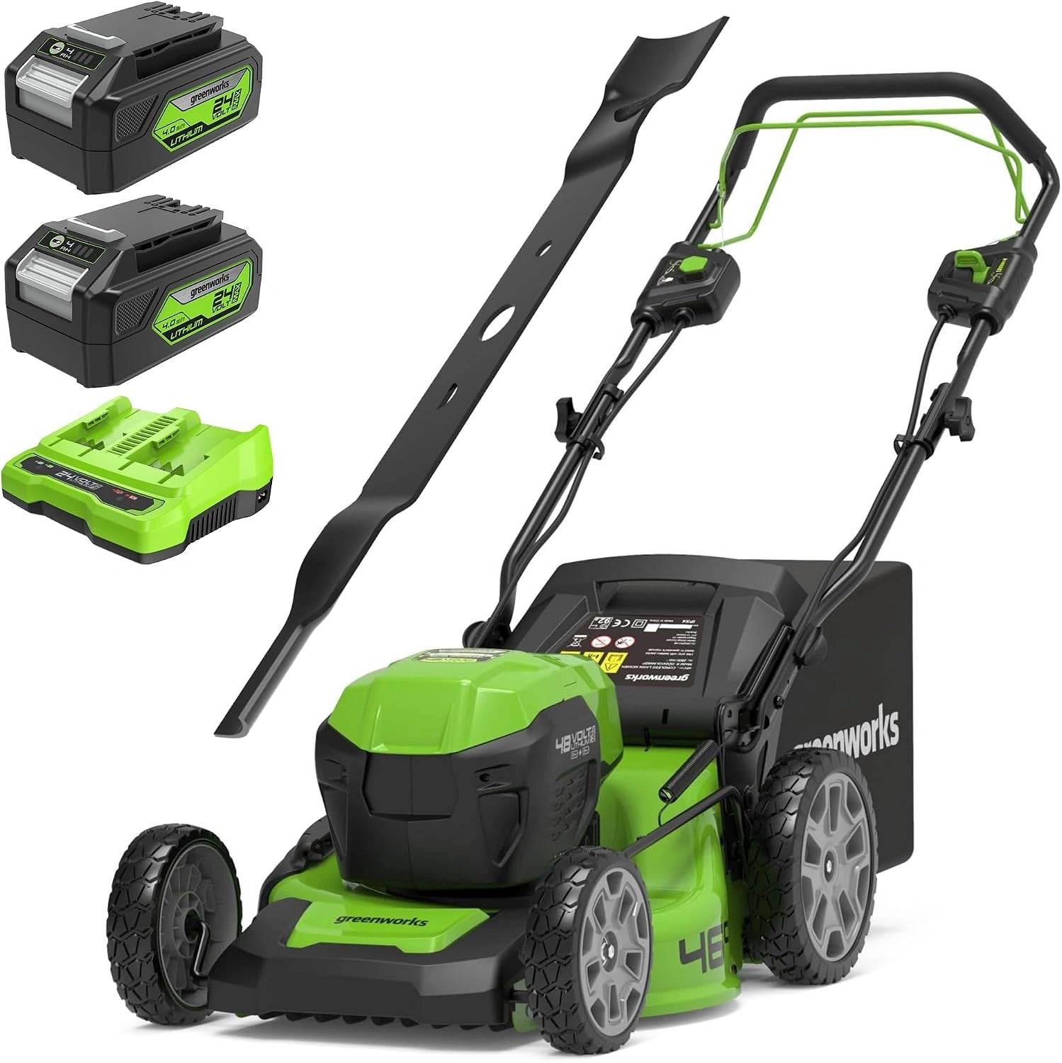Tondeuse à Gazon Autopropulsée sans Fil 2x24V, 46cm avec 2 Batteries 4Ah et Chargeur, Inclus Lame de Rechange
