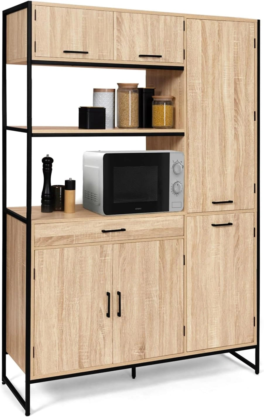 Buffet de Cuisine Industriel avec Colonne et Rangement, 120 cm, 6 Portes et Tiroir