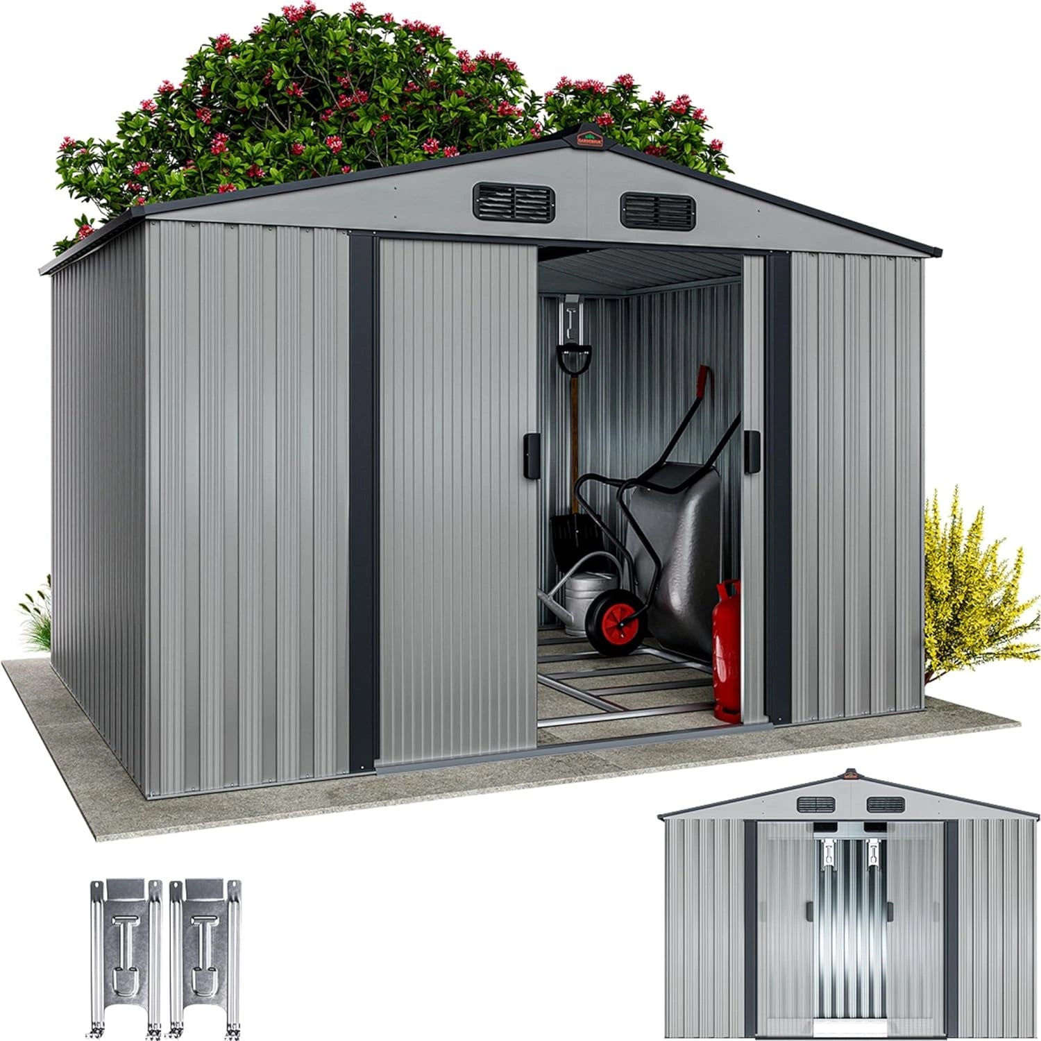 Abri de Jardin Métallique XXL 5m² avec Fondation, Porte Coulissante, Gris Métallique, 260x205x180cm