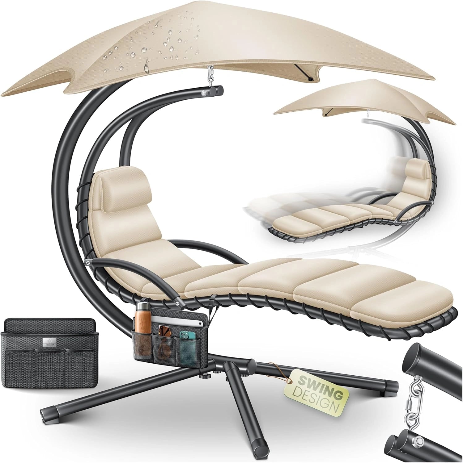 Chaise Longue Suspendue avec Parasol, Relaxation en Métal Durable 120 kg