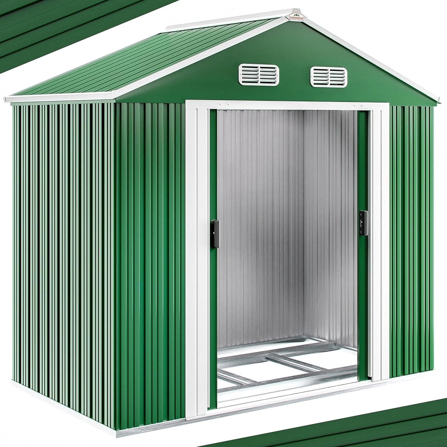 Abri de Jardin en Métal XL avec Fondation 2m², Portes Coulissantes Vertes 200x135x190cm, Rangement Extérieur 4m³