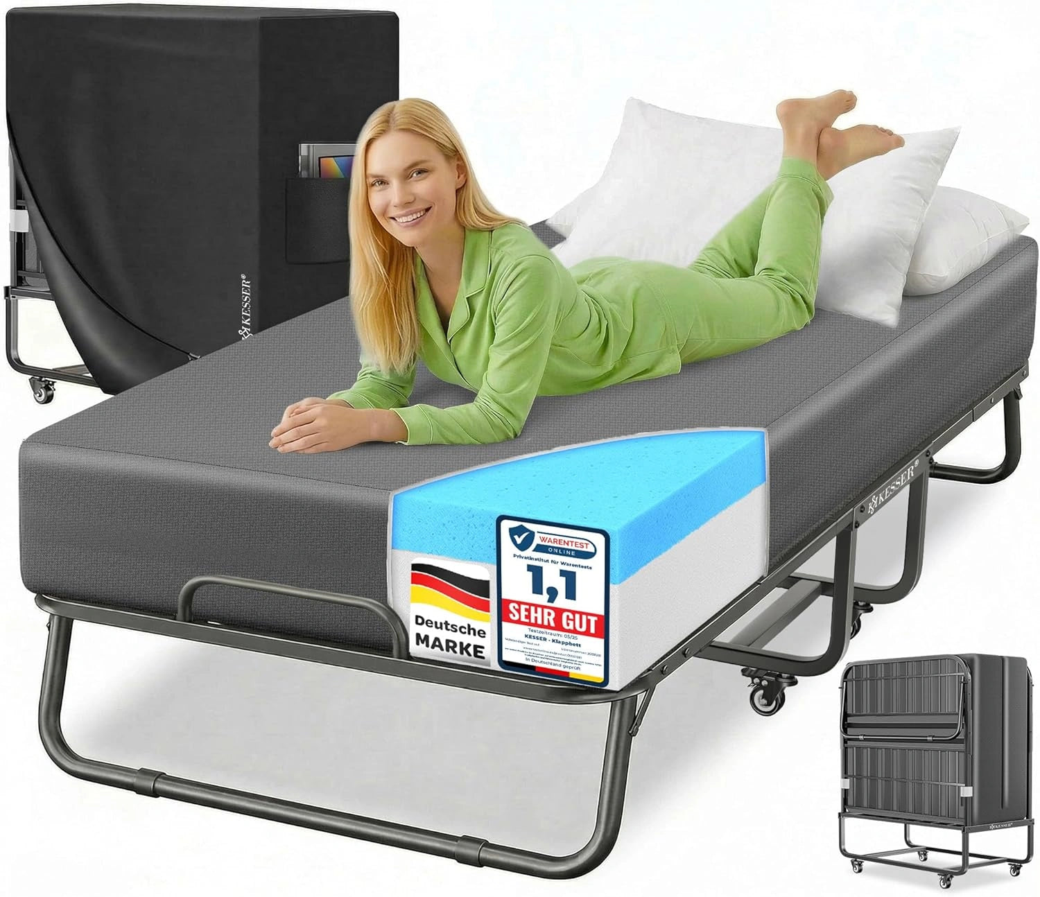 KESSER Lit de Voyage Pliable 200 x 90 cm avec Matelas à Mémoire et Roulettes - Structure Métal pour Adulte - Capacité 250 kg