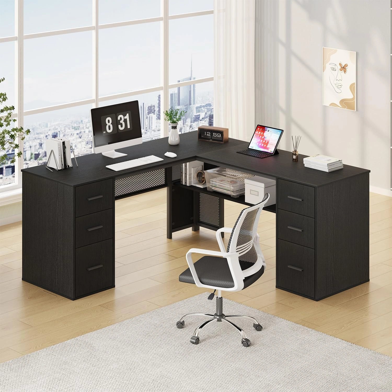 Bureau d'angle en L moderne avec tiroirs et étagères en chêne noir pour bureau à domicile