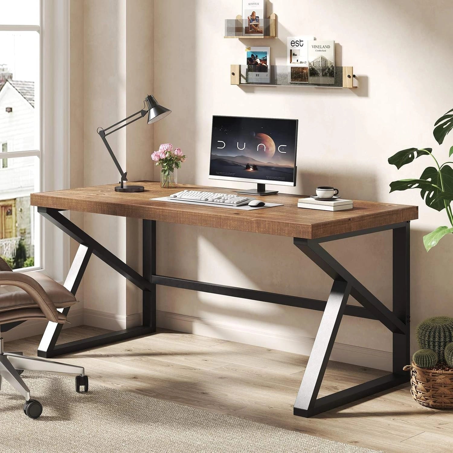 Bureau en Bois Naturel Minimaliste 152 cm, Style Industriel Vintage