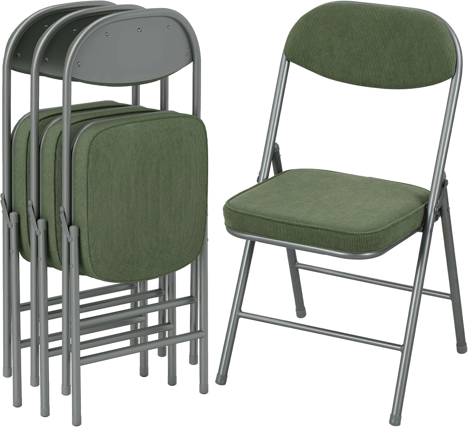 Ensemble de 4 chaises pliantes en velours côtelé vert, structure en acier robuste, capacité 120 kg