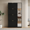 Armoire à Chaussures Moderne avec Miroir Plein Pied et 4 Portes Battantes - Meuble Conception Intelligente pour Entrée, Couloir et Chambre - Blanc et Noir