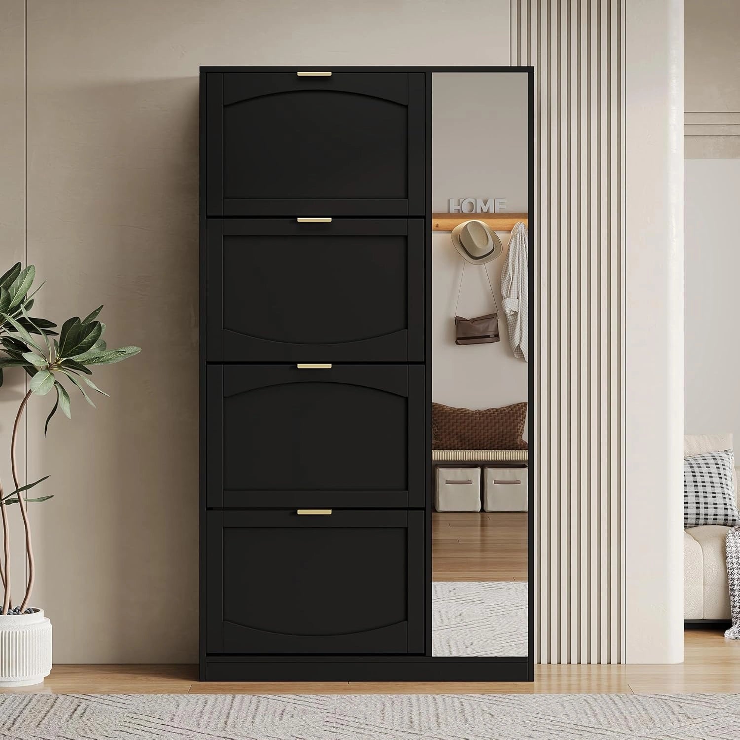 Armoire à Chaussures Moderne avec Miroir Plein Pied et 4 Portes Battantes - Meuble Conception Intelligente pour Entrée, Couloir et Chambre - Blanc et Noir