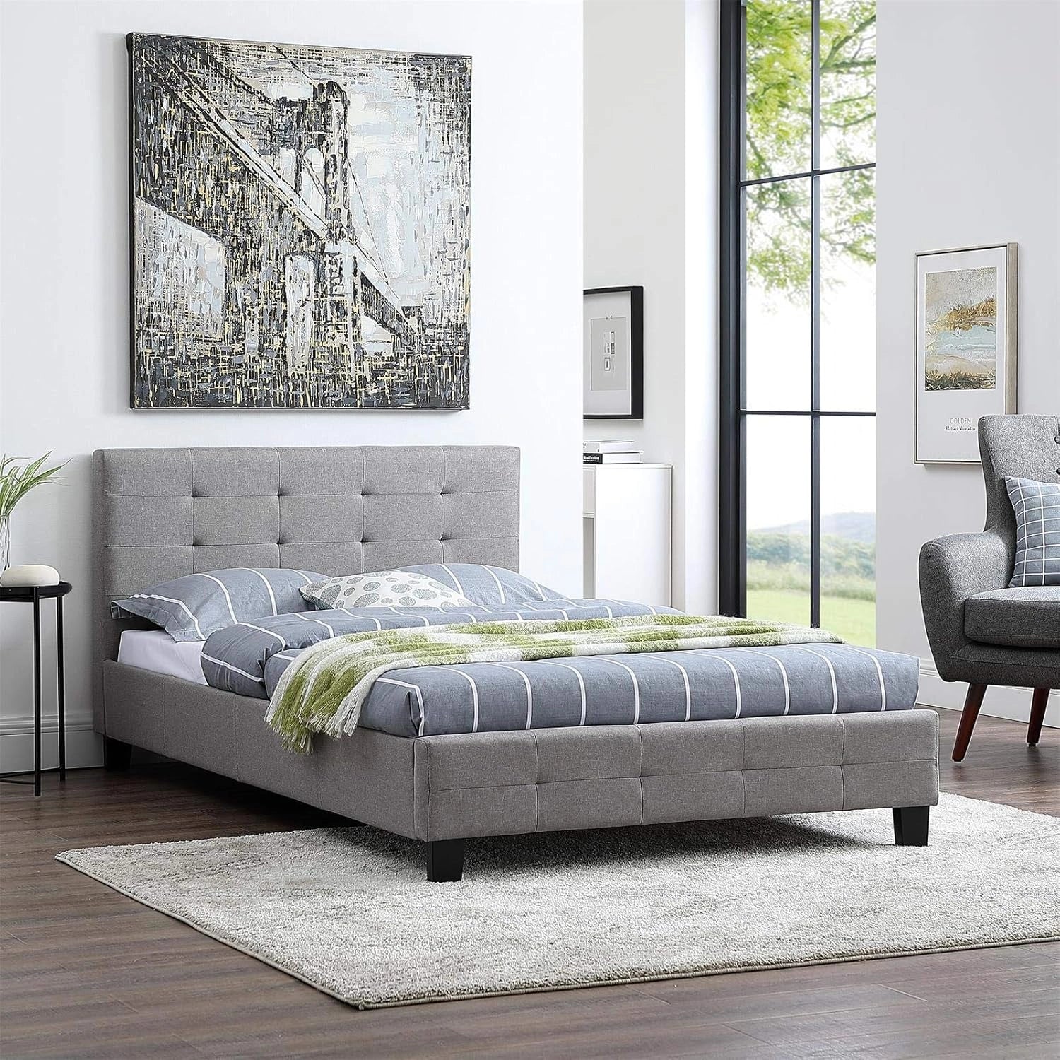 Lit Simple Adulte Marlon 120x190 cm avec Sommier, Tissu Gris, Tête et Pied Capitonnés