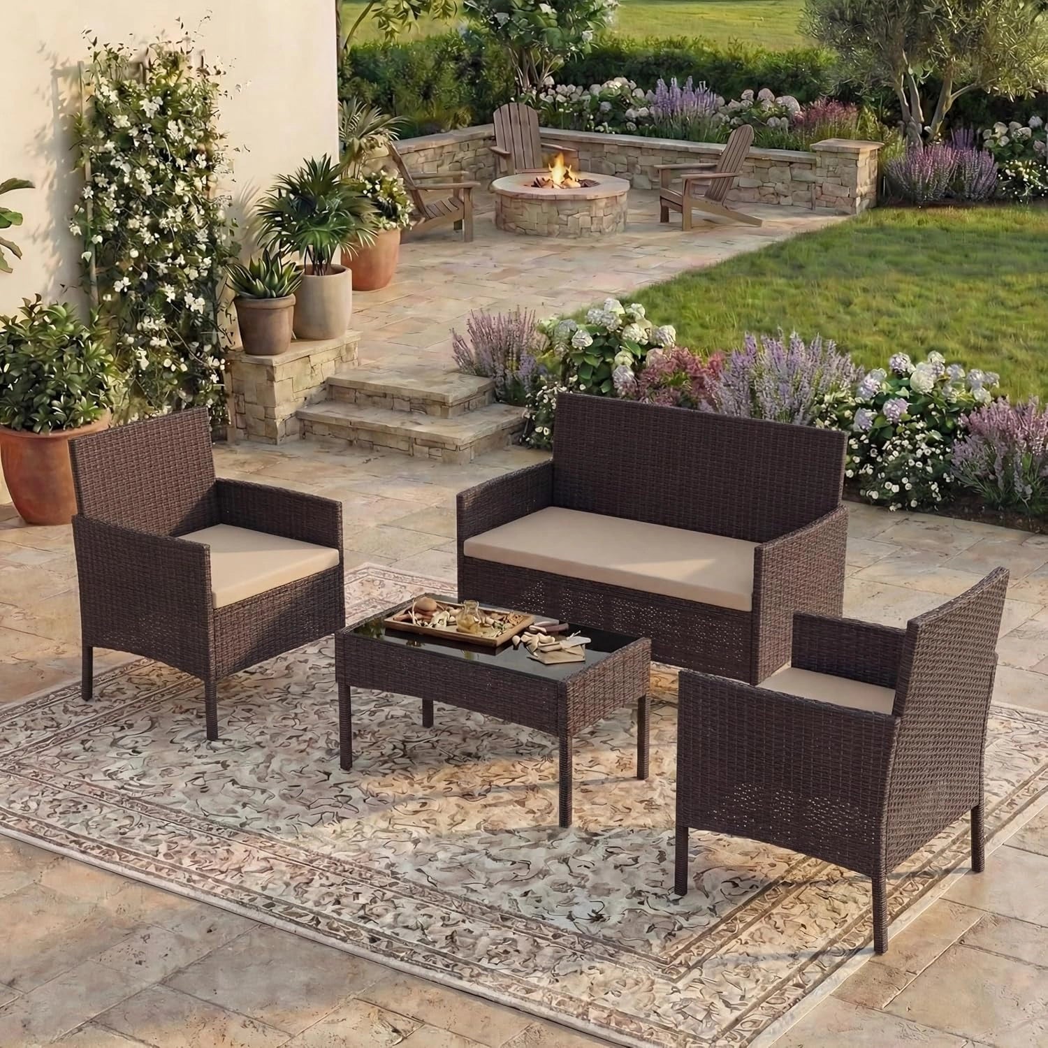 Ensemble de Jardin en Rotin pour 4 Personnes, Marron