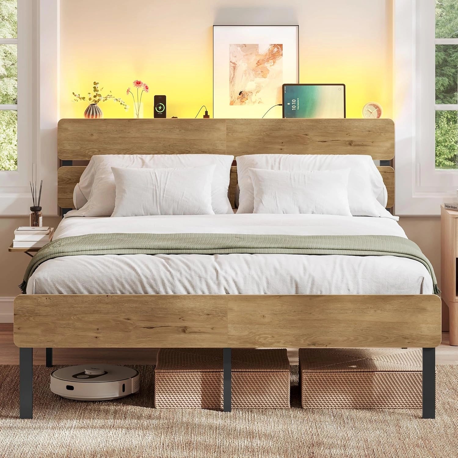 Lit Double Industriel 140 x 190 avec LED, Port USB & Type-C, Rangement Intégré, Marron Naturel